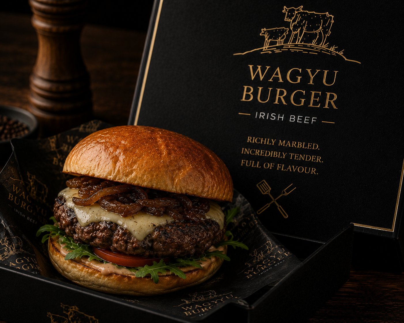 Cooked Wanderley Wagyu burger in a brioche bun with melted cheese, caramelised onions, rocket and tomato, in branded black packaging