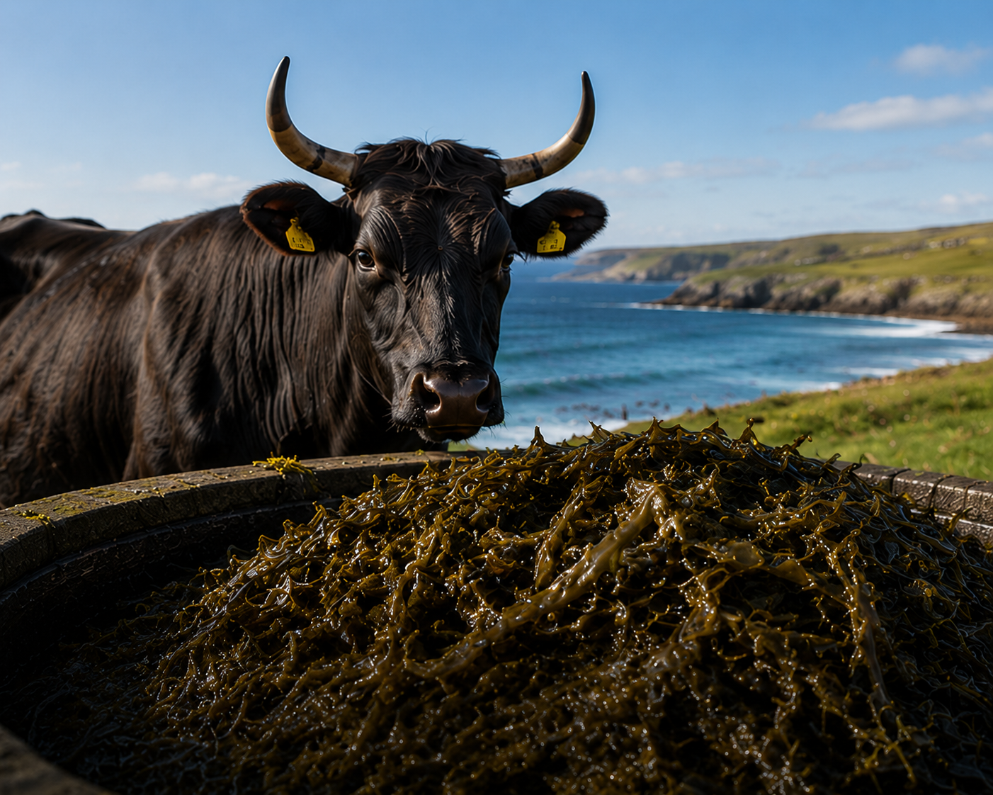 A Wanderley Wagyu cow at a trough of hand-harvested Atlantic seaweed on the Doonbeg coast