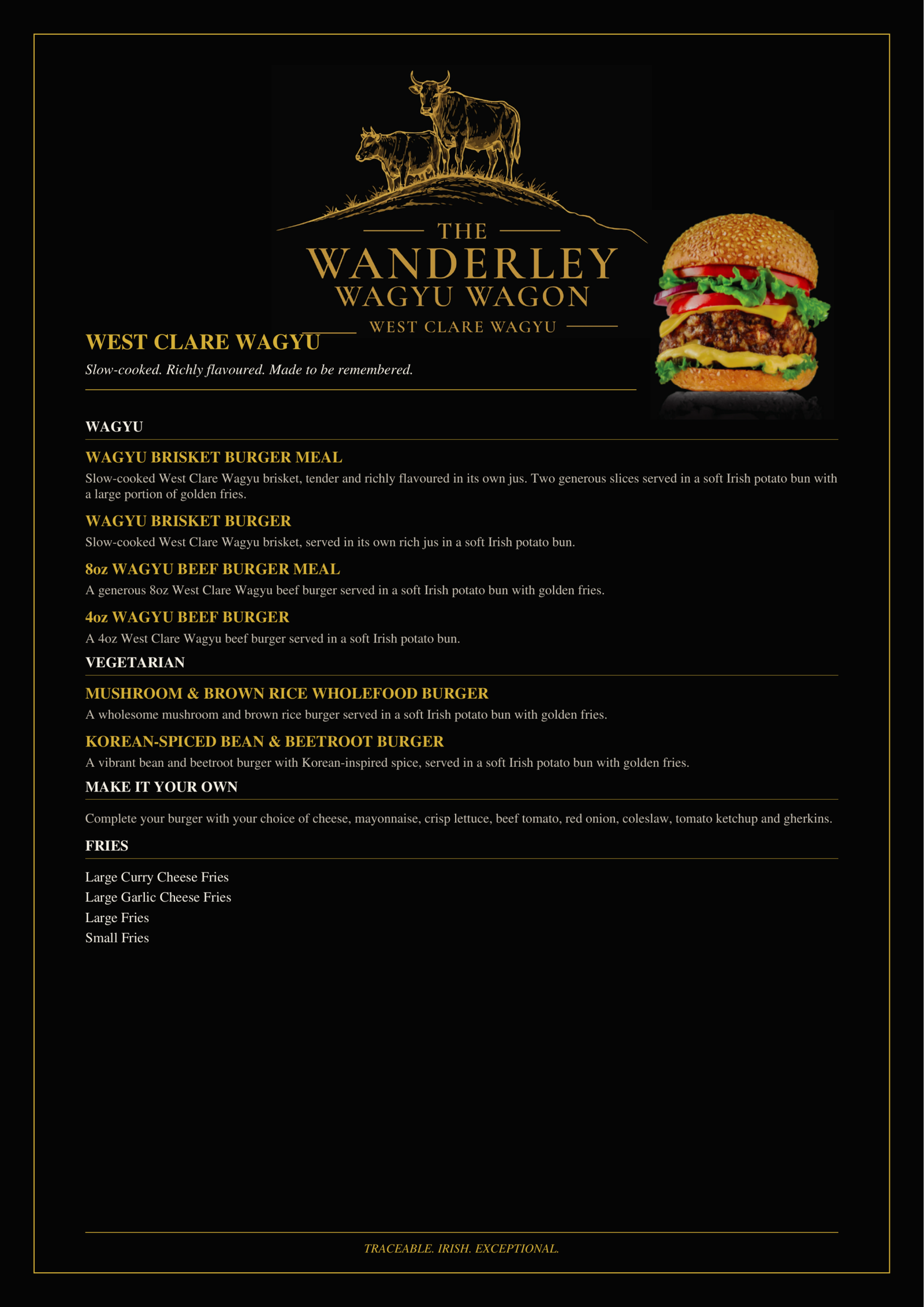 The Wanderley Wagyu Wagon menu listing Wagyu brisket and beef burgers, vegetarian options and fries, with prices and the West Clare Wagyu crest